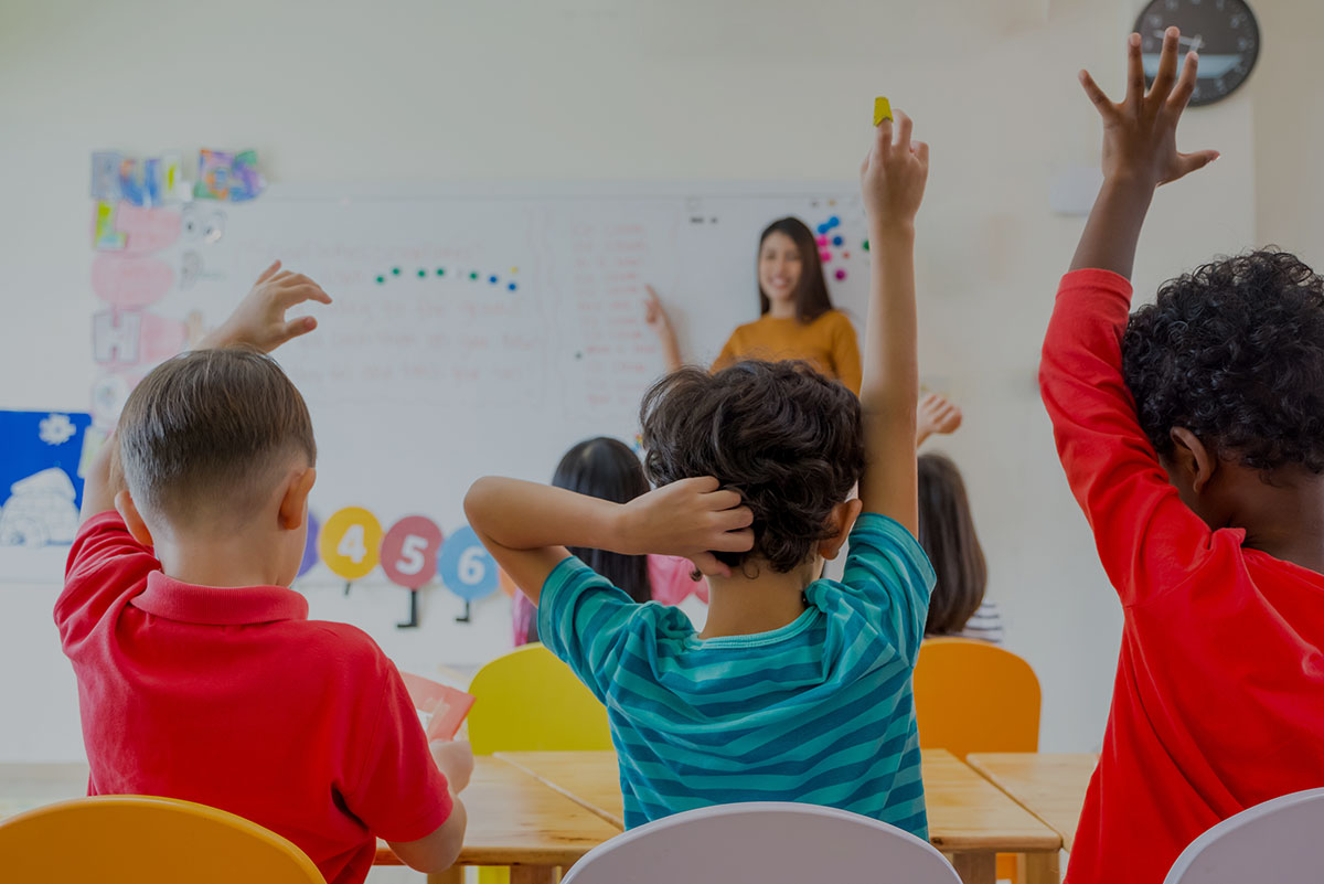 students raising hands in class